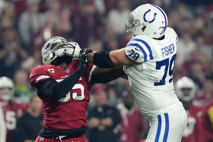 Indianapolis Colts offensive tackle Eric Fisher (79) blocks Cardinals linebacker Chandler Jones (55). Mandatory Credit: Joe Camporeale-USA TODAY Sports